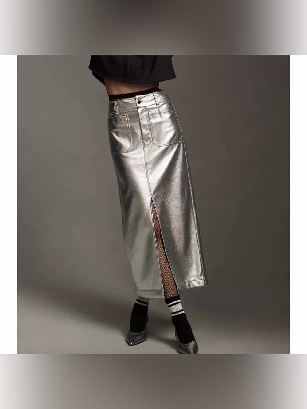 Anthropologie Colette Metallic Silver Front Slit, Size Medium